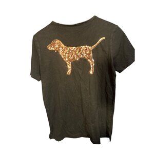Y2K Victorias Secret PINK Womens XS Black V-Neck Sequin Dog‎ Tee
